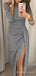 Off Shoulder Grey Long Sleeves Long Evening Prom Dresses, Custom Side Slit Prom Dress, MR8662