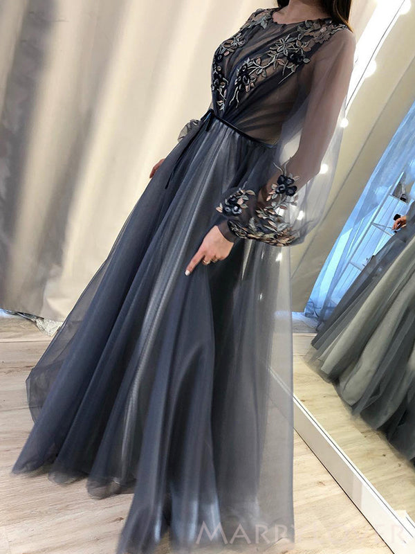 Long Sleeves Dusty Tulle Sppliques A-line Long Evening Prom Dresses, Custom Prom Dress, MR8663