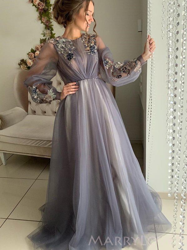 Long Sleeves Dusty Tulle Sppliques A-line Long Evening Prom Dresses, Custom Prom Dress, MR8663