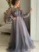 Long Sleeves Dusty Tulle Sppliques A-line Long Evening Prom Dresses, Custom Prom Dress, MR8663