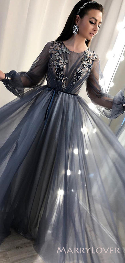 Long Sleeves Dusty Tulle Sppliques A-line Long Evening Prom Dresses, Custom Prom Dress, MR8663
