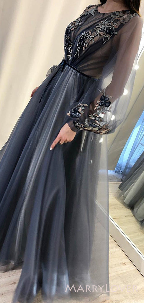 Long Sleeves Dusty Tulle Sppliques A-line Long Evening Prom Dresses, Custom Prom Dress, MR8663