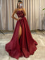 Spaghetti Straps Burgundy Organza Appliques Long Evening Prom Dresses, Custom High Slit Prom Dress, MR8667
