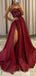 Spaghetti Straps Burgundy Organza Appliques Long Evening Prom Dresses, Custom High Slit Prom Dress, MR8667