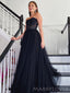 Black Tulle Strapless A-line Long Evening Prom Dresses, Custom Prom Dress, MR8668