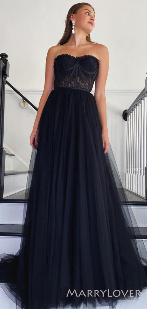 Black Tulle Strapless A-line Long Evening Prom Dresses, Custom Prom Dress, MR8668