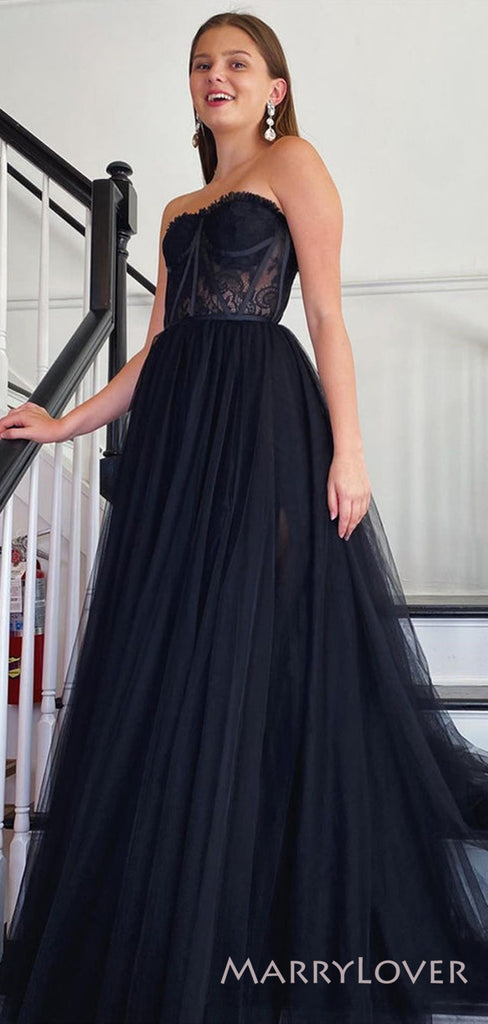 Black Tulle Strapless A-line Long Evening Prom Dresses, Custom Prom Dress, MR8668