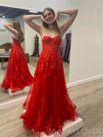Red Tulle Appliques A-line Long Evening Prom Dresses, Custom Strapless Prom Dress, MR8670