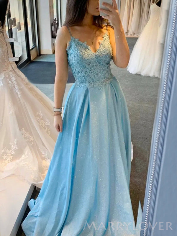 Spaghetti Straps Sky Blue Satin Sparkly Long Evening Prom Dresses, Custom A-line Prom Dress, MR8671