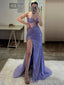 Strapless Purple Sparkly Mermaid Long Evening Prom Dresses, Custom High Slit Prom Dress, MR8672