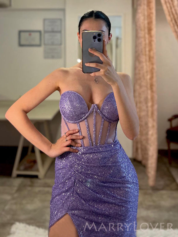 Strapless Purple Sparkly Mermaid Long Evening Prom Dresses, Custom High Slit Prom Dress, MR8672