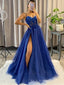 Royal Tulle Sparkly A-line Long Evening Prom Dresses, Custom High Slit  Prom Dress, MR8673