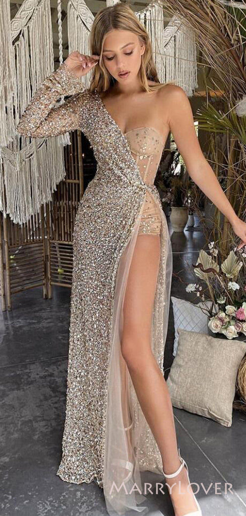 One Shoulder Sequins Long Sleeves Side Slit Long Evening Prom Dresses, Custom Prom Dress, MR8685
