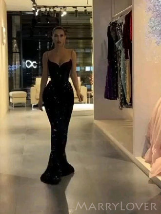 Spaghetti Straps Black Sequins Mermaid Long Evening Prom Dresses, Custom Prom Dress, MR8694