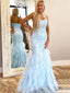 Mermaid Sky Blue Tulle Appliques Strapless Long Evening Prom Dresses, Custom Prom Dress, MR8695