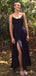 A-line Black Satin Side Slit Long Evening Prom Dresses, Custom Prom Dress, MR8696