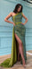 One Should Green Sequins Satin Mermaid Long Evening Prom Dresses, Custom Prom Dress, MR8697