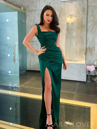 Simple Dark Green Satin Mermaid Long Evening Prom Dresses, Custom Side Slit Prom Dress, MR8698