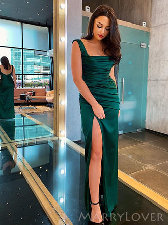 Simple Dark Green Satin Mermaid Long Evening Prom Dresses, Custom Side Slit Prom Dress, MR8698