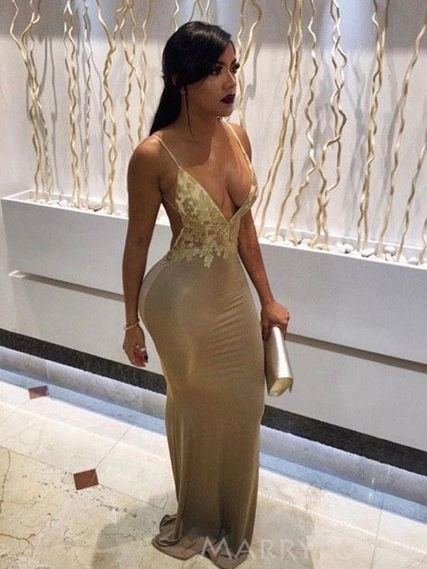 Deep V-neck Mermaid  Long Evening Prom Dresses, Custom Spaghetti Straps Prom Dress, MR8700