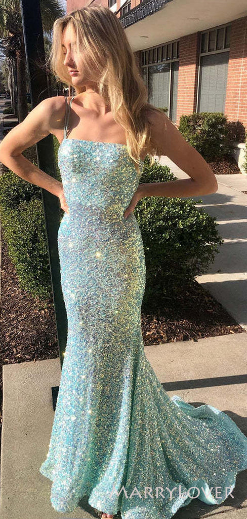 Elegant Mermaid Sequins Spaghetti Straps Long Evening Prom Dresses, Custom Prom Dress, MR8702