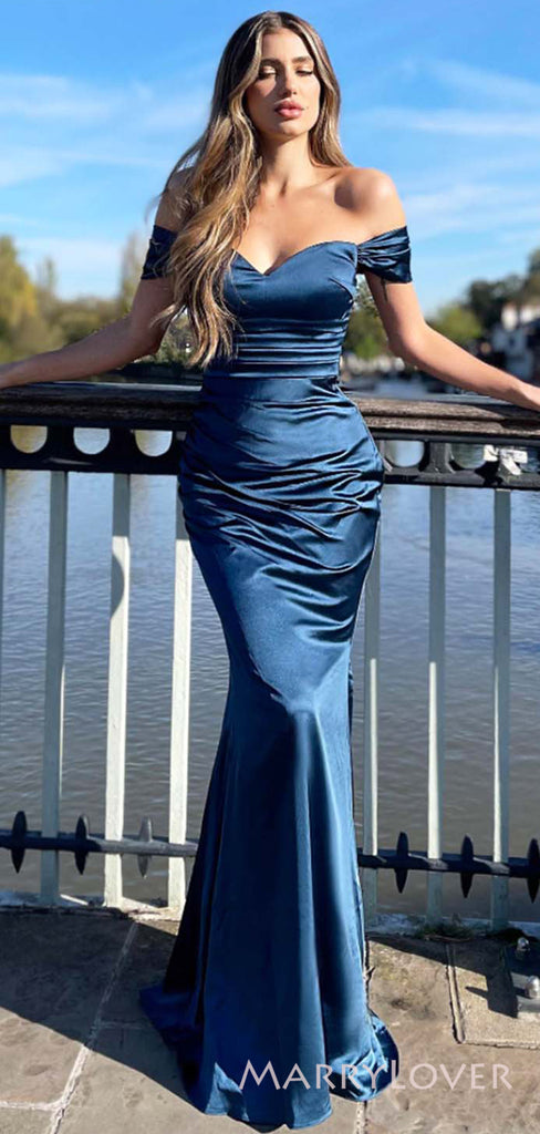 Simple Off Shoulder Satin Sweetheart Long Evening Prom Dresses, Custom Mermaid Prom Dress, MR8704