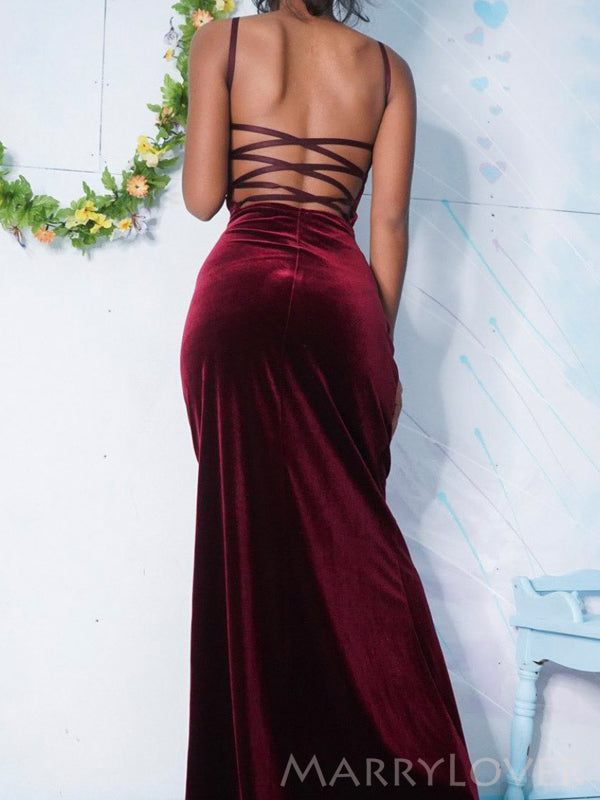 Simple Burgundy Velvet Mermaid Long Evening Prom Dresses, Custom Sapghetti Straps Prom Dress, MR8708