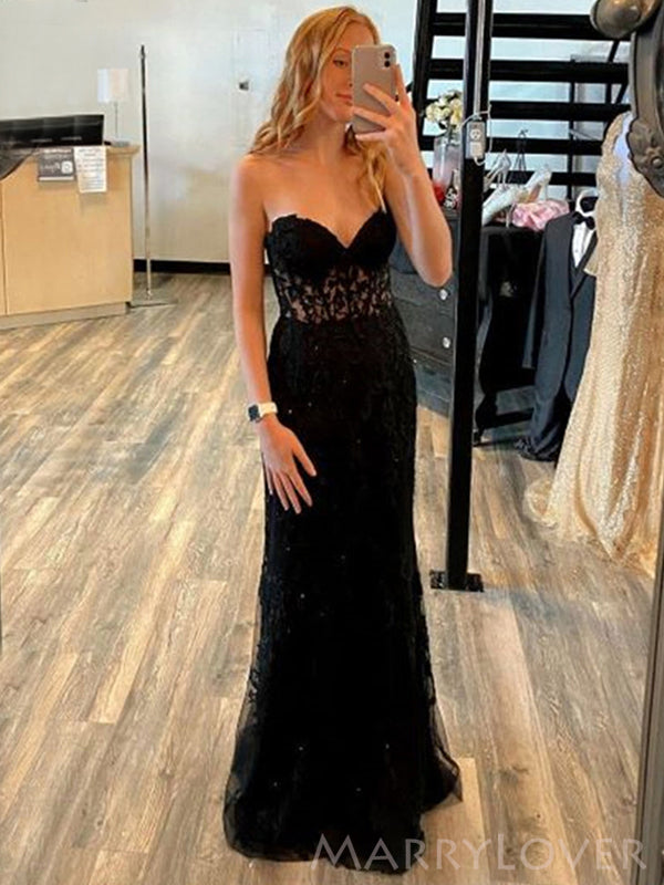 Gorgeous Mermaid Black Tulle Appliques Sweetheart Long Evening Prom Dresses, Custom Floor-length Prom Dress, MR8709