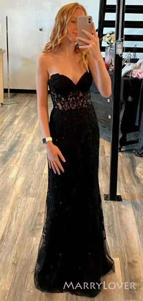 Gorgeous Mermaid Black Tulle Appliques Sweetheart Long Evening Prom Dresses, Custom Floor-length Prom Dress, MR8709