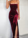 Formal Sapghetti Straps Burgundy Velvet Beaded Side Slit Long Evening Prom Dresses, Custom Mermaid Prom Dress, MR8711