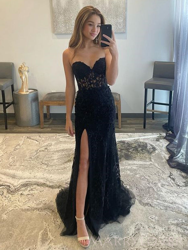 Elegant Black Tulle Appliques Sweetheart Side Slit Long Evening Prom Dresses, Custom Mermaid Prom Dress, MR8712