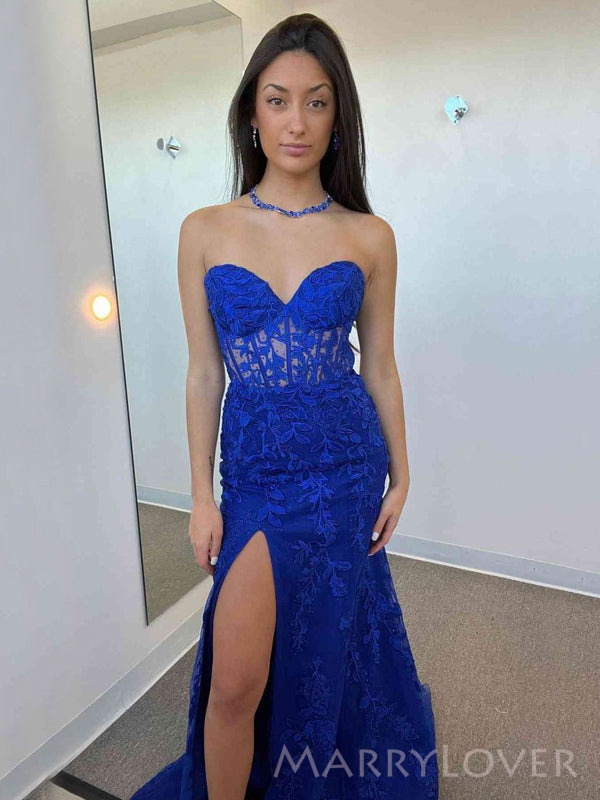 Elegant Mermaid Strapless Navy Blue Tulle Appliques Long Sweetheart Evening Prom Dresses, Custom prom Dress, MR8716