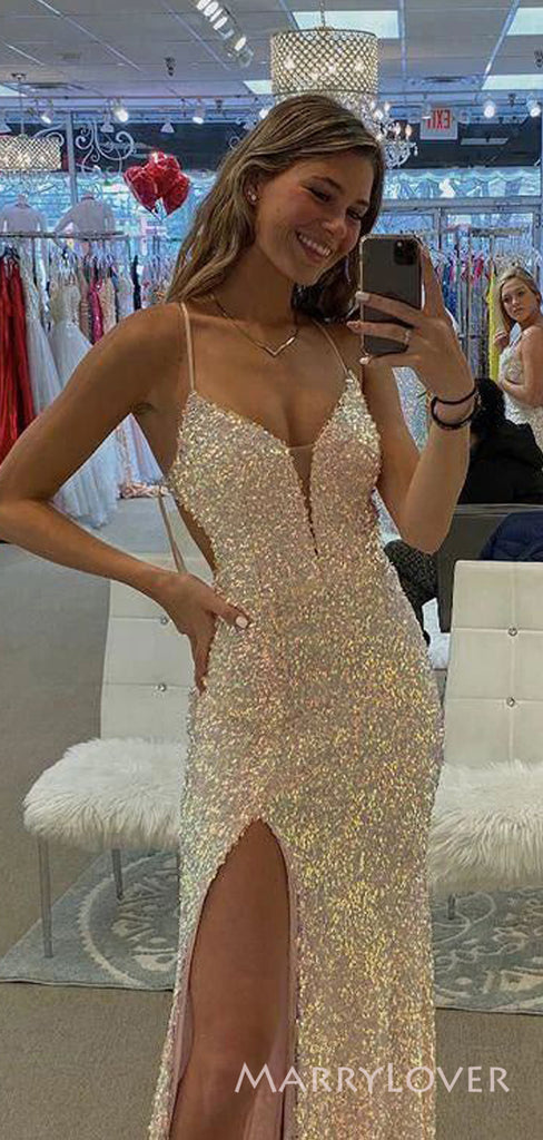 Gorgeous Spaghetti Straps Mermaid Sequins Long Sparkly Evening Prom Dresses, Custom prom Dress, MR8717