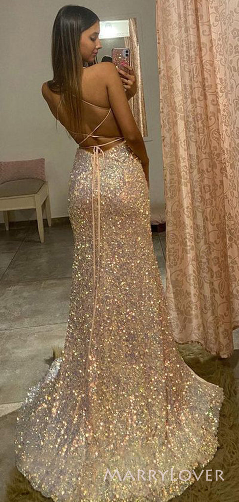 Gorgeous Spaghetti Straps Mermaid Sequins Long Sparkly Evening Prom Dresses, Custom prom Dress, MR8717