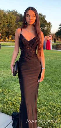 Gorgeous Mermaid Spaghett Straps Black V-neck Appliques Long Evening Prom Dresses, Custom prom Dress, MR8725