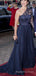 Formal A-line Navy Blue Chiffon Beaded Long Sleeves Long Evening Prom Dresses, Custom prom Dress, MR8726