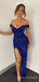 Elegant Off Shoulder Royal Blue Sequins Mermaid Long side Slit Evening Prom Dresses, Custom prom Dress, MR8727