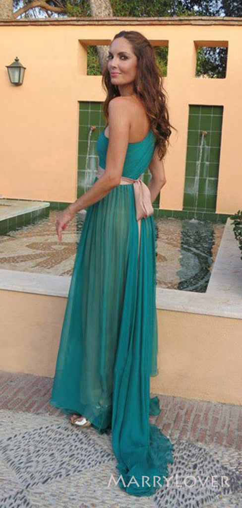 Simple Dark Green Chiffon A-line Long Evening Prom Dresses, Custom One Shoulder prom Dress, MR8730