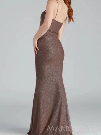 Simple Spaghett Straps Chocolate Sparkly Long Evening Prom Dresses, Custom prom Dress, MR8735