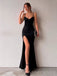 Simple Black Mermaid Spaghett Straps Long Side Slit Evening Prom Dresses, Custom prom Dress, MR8739