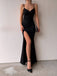 Simple Black Mermaid Spaghett Straps Long Side Slit Evening Prom Dresses, Custom prom Dress, MR8739