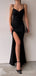 Simple Black Mermaid Spaghett Straps Long Side Slit Evening Prom Dresses, Custom prom Dress, MR8739