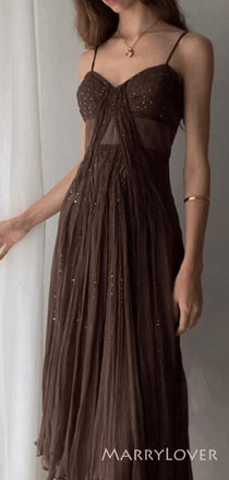 Chocolate Spaghetti Straps Long Evening Prom Dresses, Custom prom Dress, MR8742