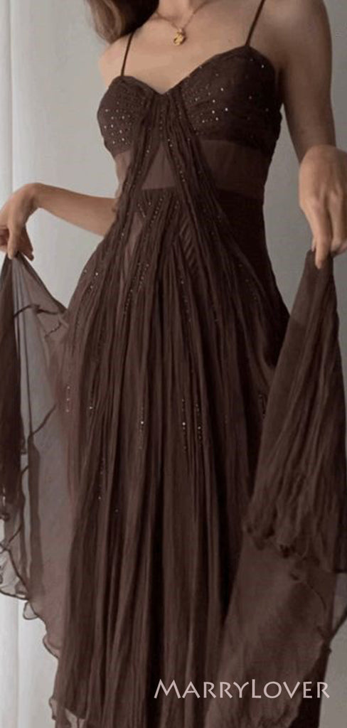 Chocolate Spaghetti Straps Long Evening Prom Dresses, Custom prom Dress, MR8742