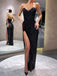 High Slit Black Sequins Strapless Long Evening Prom Dresses, Custom Mermaid Prom Dress, MR8747