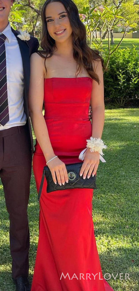 Mermaid Red Satin Strapless Long Evening Prom Dresses, Custom Prom Dress, MR8751