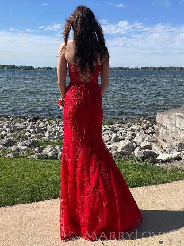 Sweet Heart Red Tulle Appliques Mermaid Long Evening Prom Dresses, Custom Strapless Prom Dress, MR8753