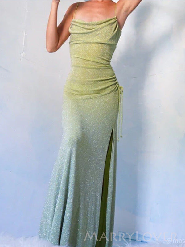 Simple Green Sparkly Sheath Spaghetti Straps Long Mermaid Evening Prom Dresses, Custom Prom Dress, MR8754