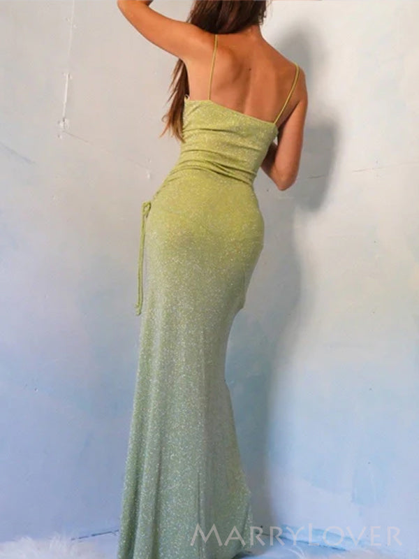 Simple Green Sparkly Sheath Spaghetti Straps Long Mermaid Evening Prom Dresses, Custom Prom Dress, MR8754