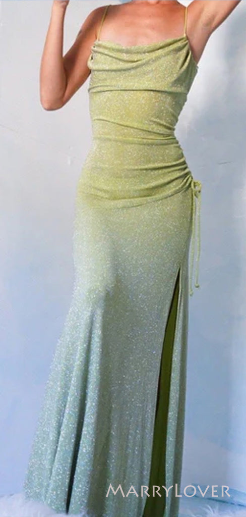 Simple Green Sparkly Sheath Spaghetti Straps Long Mermaid Evening Prom Dresses, Custom Prom Dress, MR8754